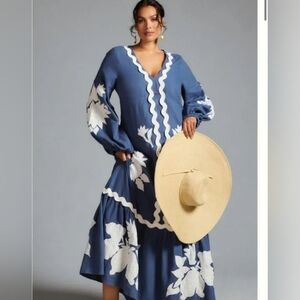 Farm Rio Linen Flounced Maxi Dress with Embroidery, Rick Rack Pockets Size Large